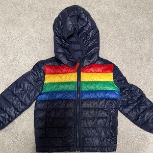 Kids Primary Navy Puffer with Rainbow Stripes size 3